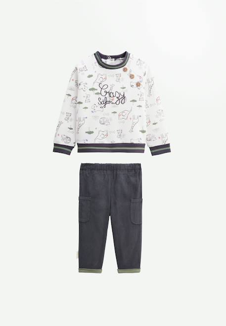 Ensemble bébé sweat-shirt en molleton et pantalon en velours crazy safari Kaki 1 - vertbaudet enfant 