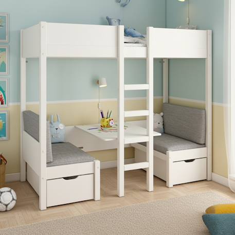 Lit mezzanine avec banquette lit d'appoint pin massif  leopold Blanc 1 - vertbaudet enfant 