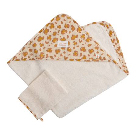 Cape de bain bébé en gaze de coton et gant léopard - petit chou Ecru/rose 1 - vertbaudet enfant 