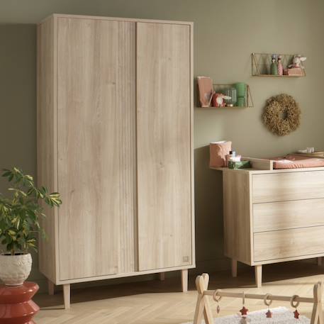 Armoire 2 portes avec détail imitation bois texturé et pieds bois - paloma Blanc/marron+Marron 7 - vertbaudet enfant 