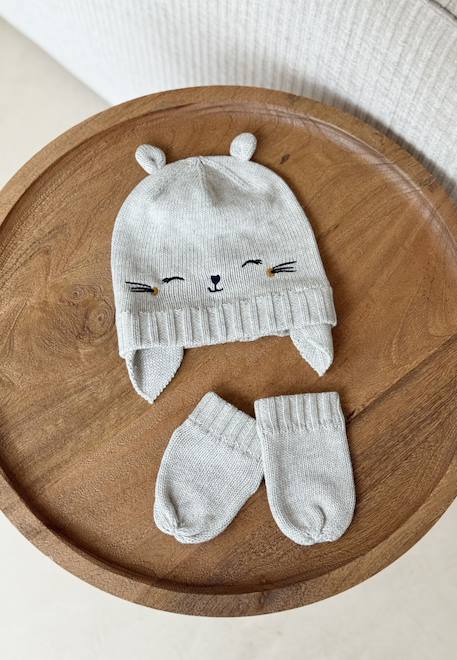 Bonnet bébé et moufles en tricot esmée Gris 1 - vertbaudet enfant 