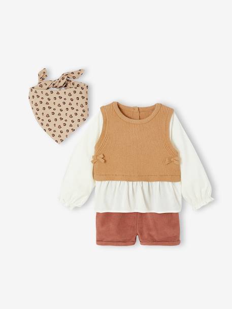 Ensemble 3 pièces bébé pull 2 en 1 + short + foulard terracotta 1 - vertbaudet enfant 