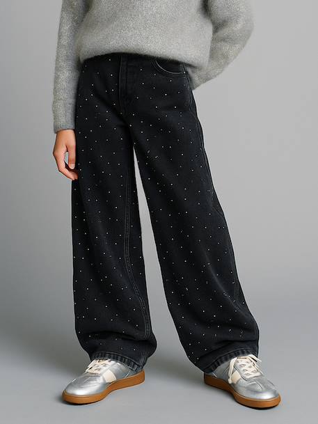 Jean large fille à strass denim black 1 - vertbaudet enfant 