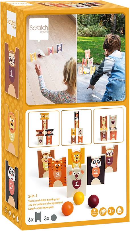 2 en 1 Jeu d'empilement et de quilles - animaux Multicolor 1 - vertbaudet enfant 