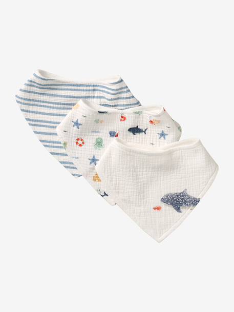 Lot 3 bavoirs bandanas en gaze de coton Bord de mer+Broceliande+Dans les bois+Hanoi+Hérisson+Hygge+lot renard+Mon coeur+Tanzanie 1 - vertbaudet enfant 