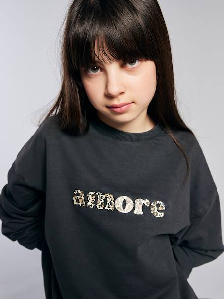 Sweat fille oversize inscription léopard anthracite 1 - vertbaudet enfant 