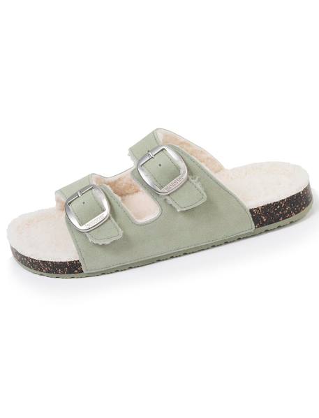 Chaussons mules ouvertes ultra confortables, en cuir Camel+Vert d'eau 12 - vertbaudet enfant 