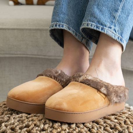 Chaussons mules velours ultra doux, compensées Camel+Noir 2 - vertbaudet enfant 