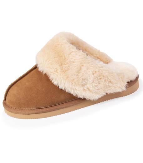 Chaussons mules cuir fourré chaud Beige+Camel+Kaki 12 - vertbaudet enfant 