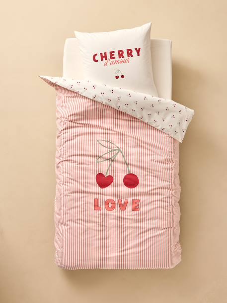 Parure housse de couette et taie d'oreiller CERISES RAYURES avec coton recyclé rayé rouge 5 - vertbaudet enfant 
