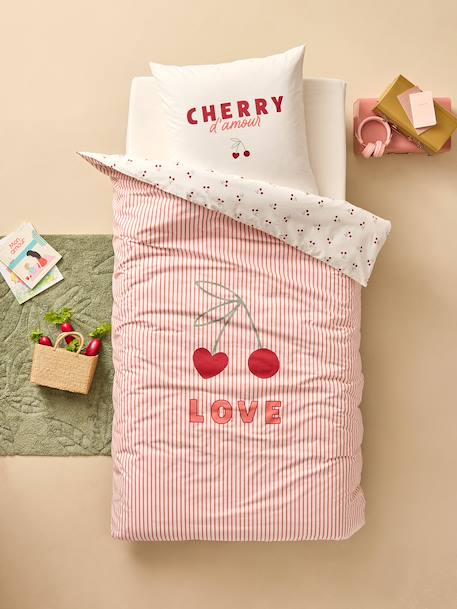 Parure housse de couette et taie d'oreiller CERISES RAYURES avec coton recyclé rayé rouge 4 - vertbaudet enfant 