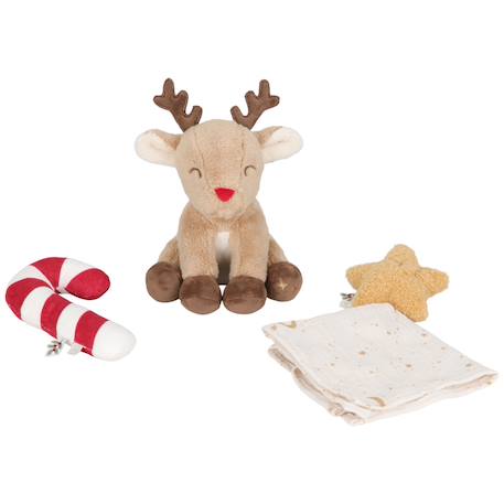 Coffret cadeau noël, doudou, un hochet et une peluche renne Marron, rouge, jaune 1 - vertbaudet enfant 