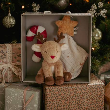 Coffret cadeau noël, doudou, un hochet et une peluche renne Marron, rouge, jaune 2 - vertbaudet enfant 