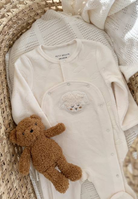 Pyjama bébé en velours ouverture pont câlins Ecru 1 - vertbaudet enfant 