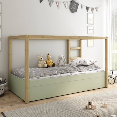 Lit mi-hauteur réversible pin massif  charlie Blanc+Vert-bois 8 - vertbaudet enfant 