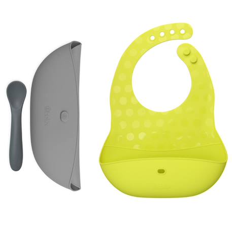 Ensemble 2 bavoirs et cuillère en silicone Jaune, gris 1 - vertbaudet enfant 
