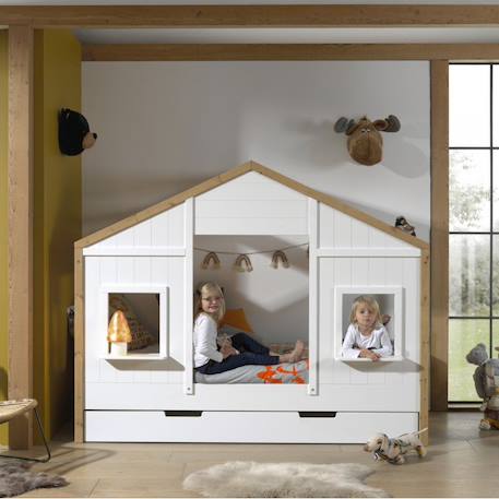 Lit cabane 2 fenêtres effet bois  hisaé Blanc bois 5 - vertbaudet enfant 