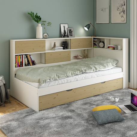 Lit à rangements et tiroir gigogne pin massif   ambre Blanc bois 1 - vertbaudet enfant 