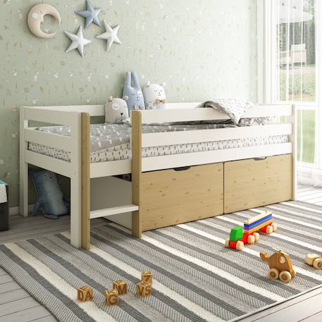 Lit surélevé avec tiroirs pin massif   colette Blanc bois 1 - vertbaudet enfant 
