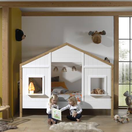 Lit cabane 2 fenêtres effet bois  hisaé Blanc bois 1 - vertbaudet enfant 