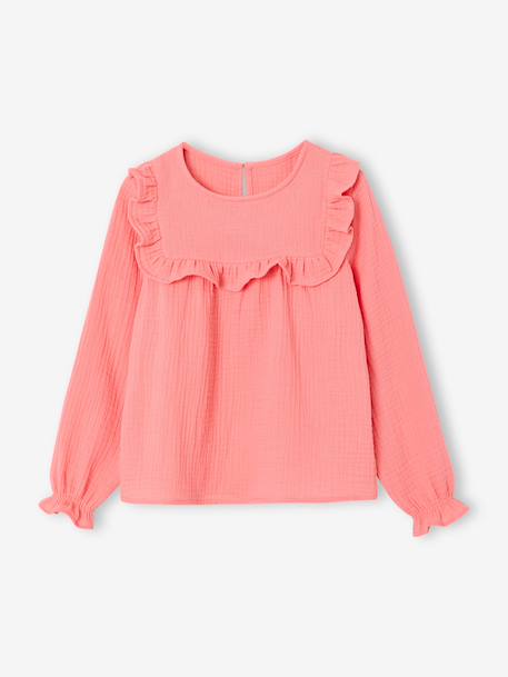 Blouse fille à volant en gaze de coton corail+écru 1 - vertbaudet enfant 