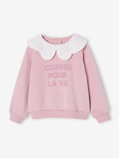 Sweat fille col claudine broderie anglaise écru+gris chiné+mauve+rose pâle+rouge 11 - vertbaudet enfant 