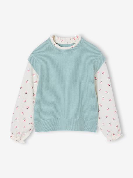 Pull 2 en 1 fille manches bleu grisé+rose 1 - vertbaudet enfant 