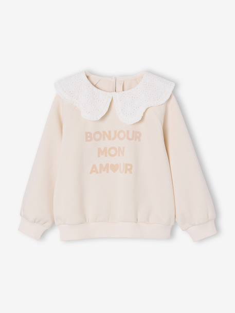 Sweat fille col claudine broderie anglaise écru+gris chiné+mauve+rose pâle+rouge 2 - vertbaudet enfant 