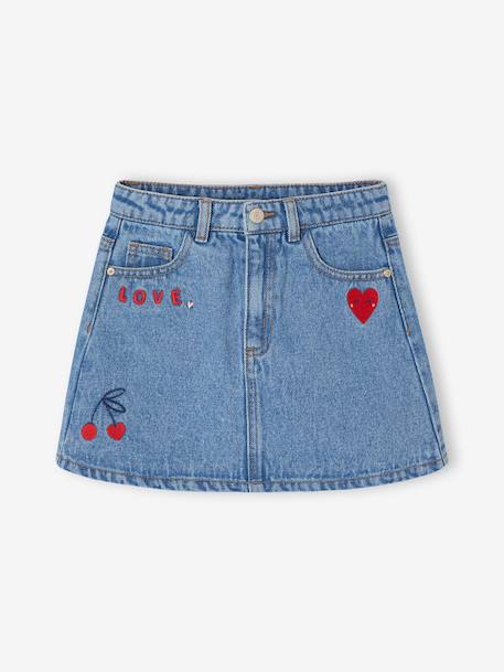Jupe fille en jean avec broderie bleu moyen 1 - vertbaudet enfant 