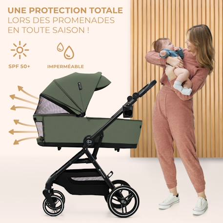 Poussette 2 en 1 Kinderkraft YOXI avec Nacelle Pliable, Siège Réversible, Roues Increvables et UPF50+ Beige+Vert 11 - vertbaudet enfant 