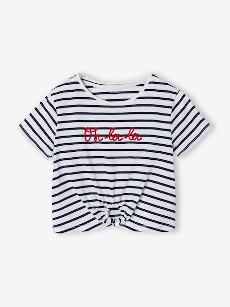 T-shirt fille détail noeud fantaisie écru+rayé bleu+rouge 4 - vertbaudet enfant 