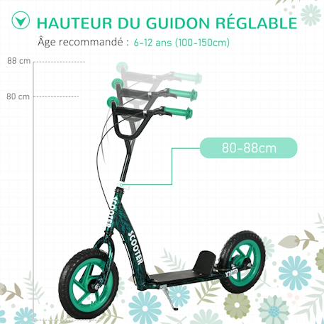 Trottinette patinette enfant roues 30 cm guidon réglable poignée frein et béquille acier Bleu+Rouge+Vert 14 - vertbaudet enfant 