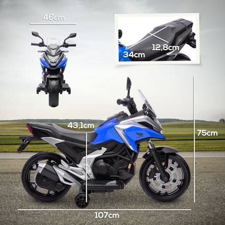 Moto électrique enfant honda nc750x - musiques, feux av led, entrée usb mp3 jack - 2 roues auxiliaires Blanc+Bleu+Rouge 9 - vertbaudet enfant 