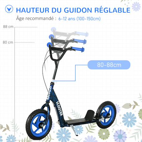 Trottinette patinette enfant roues 30 cm guidon réglable poignée frein et béquille acier Bleu+Rouge+Vert 4 - vertbaudet enfant 