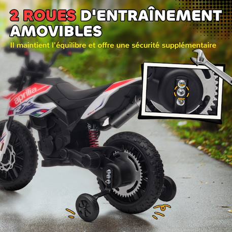 Motocross électrique enfant aprilia rx 125 max. 6 km/h roues auxiliaires amovibles phare effets sonores Blanc+Rouge 4 - vertbaudet enfant 