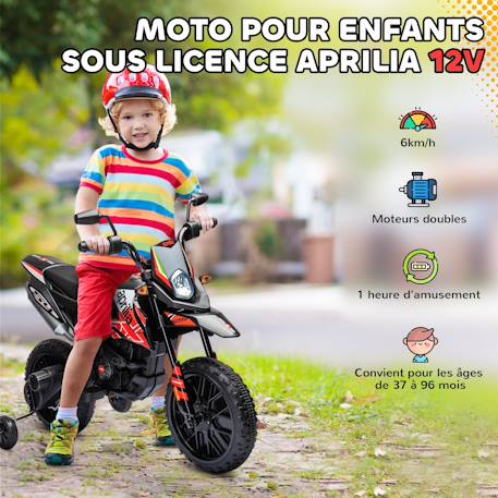 Motocross électrique enfant aprilia rx 125 max. 6 km/h roues auxiliaires amovibles phare effets sonores Blanc+Rouge 10 - vertbaudet enfant 