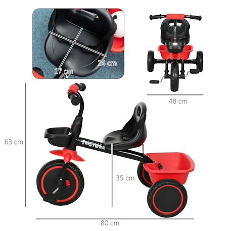 Tricycle enfant - siège réglable avec dossier et ceinture, pédales antidérapantes - panier, benne arrière Noir+Rouge 9 - vertbaudet enfant 