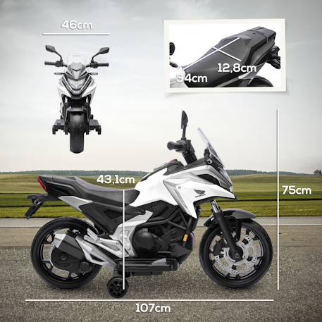 Moto électrique enfant honda nc750x - musiques, feux av led, entrée usb mp3 jack - 2 roues auxiliaires Blanc+Bleu+Rouge 3 - vertbaudet enfant 