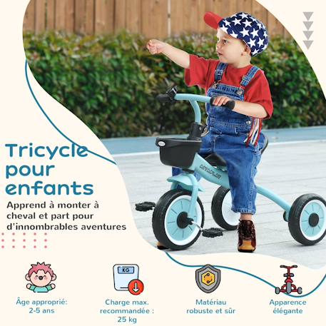Tricycle enfant multi-équipé garde-boue sonnette panier pédales antidérapantes siège réglable avec dossier Blanc+Bleu+Rose+Vert 10 - vertbaudet enfant 