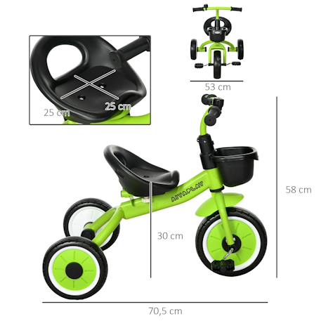 Tricycle enfant multi-équipé garde-boue sonnette panier pédales antidérapantes siège réglable avec dossier Blanc+Bleu+Rose+Vert 21 - vertbaudet enfant 