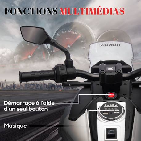 Moto électrique enfant honda nc750x - musiques, feux av led, entrée usb mp3 jack - 2 roues auxiliaires Blanc+Bleu+Rouge 5 - vertbaudet enfant 