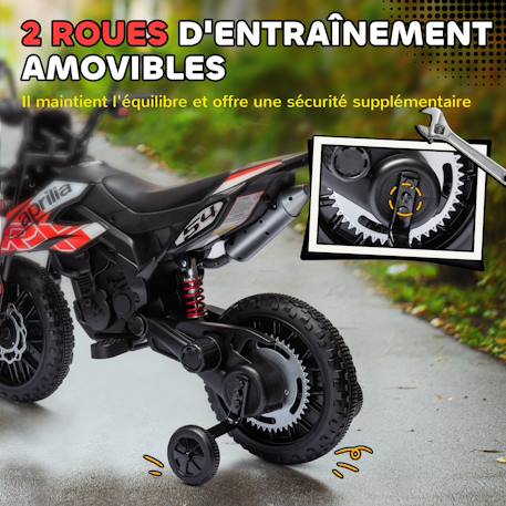 Motocross électrique enfant aprilia rx 125 max. 6 km/h roues auxiliaires amovibles phare effets sonores Blanc+Rouge 11 - vertbaudet enfant 