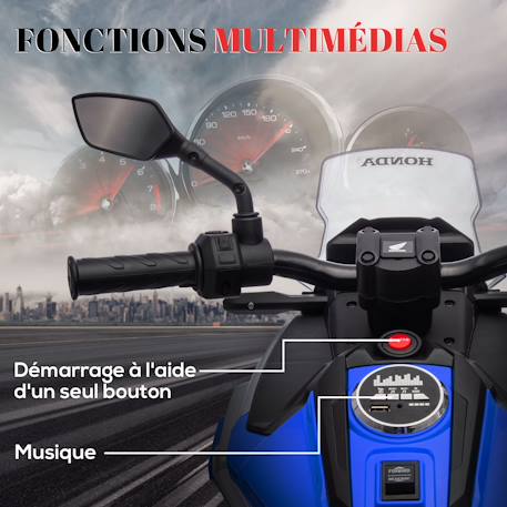 Moto électrique enfant honda nc750x - musiques, feux av led, entrée usb mp3 jack - 2 roues auxiliaires Blanc+Bleu+Rouge 11 - vertbaudet enfant 