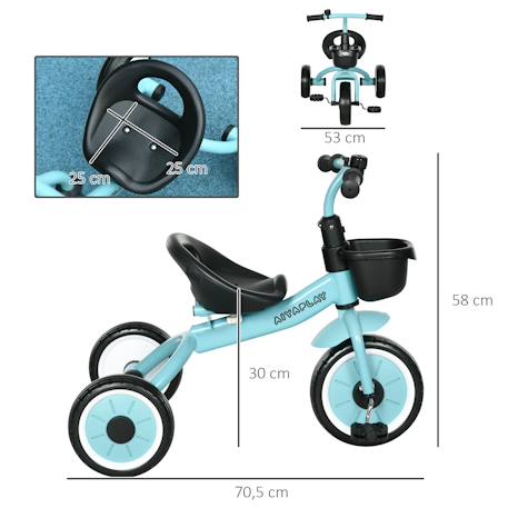 Tricycle enfant multi-équipé garde-boue sonnette panier pédales antidérapantes siège réglable avec dossier Blanc+Bleu+Rose+Vert 9 - vertbaudet enfant 