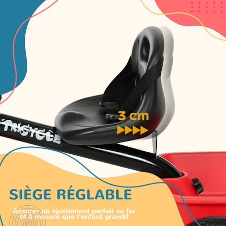Tricycle enfant - siège réglable avec dossier et ceinture, pédales antidérapantes - panier, benne arrière Noir+Rouge 11 - vertbaudet enfant 