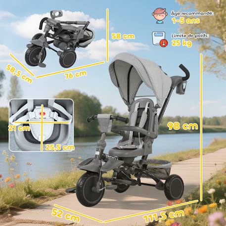 Tricycle évolutif pliable réglable 6 en 1 gris Gris 3 - vertbaudet enfant 