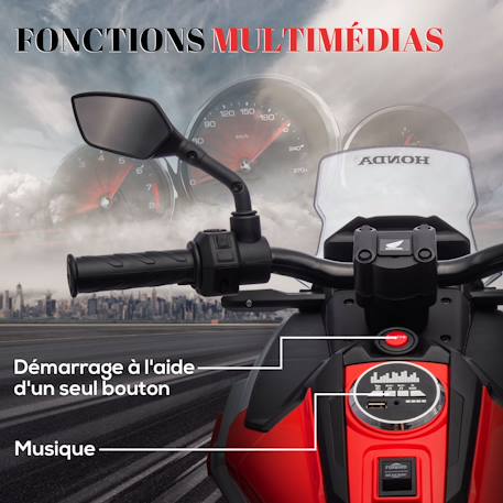 Moto électrique enfant honda nc750x - musiques, feux av led, entrée usb mp3 jack - 2 roues auxiliaires Blanc+Bleu+Rouge 17 - vertbaudet enfant 