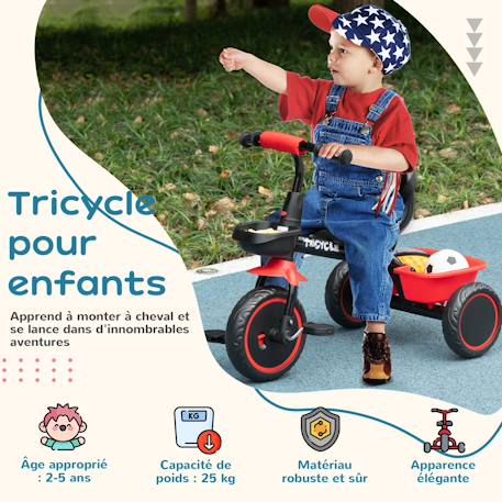 Tricycle enfant - siège réglable avec dossier et ceinture, pédales antidérapantes - panier, benne arrière Noir+Rouge 10 - vertbaudet enfant 