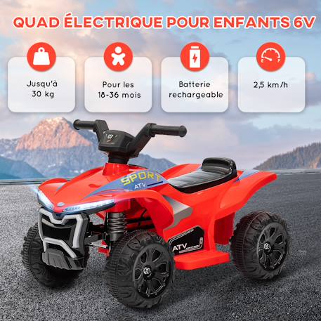 Quad électrique enfant 6v max. 2,5km/h phare effet sonore marche av-ar Rouge 6 - vertbaudet enfant 