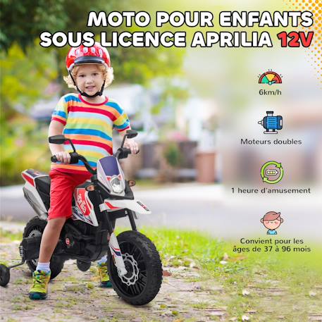 Motocross électrique enfant aprilia rx 125 max. 6 km/h roues auxiliaires amovibles phare effets sonores Blanc+Rouge 5 - vertbaudet enfant 